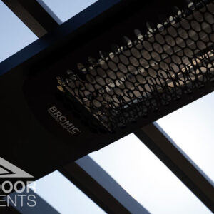 Close-up of Bromic infrared heater mounted under pergola roof beams