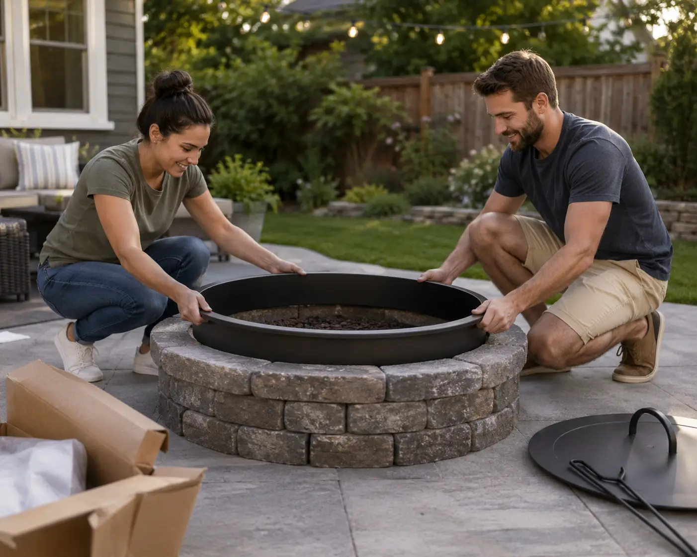 Couple assembling stone fire pit ring together in backyard patio