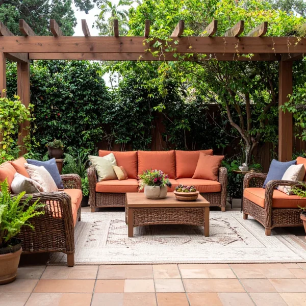 Wicker patio furniture with terracotta cushions under wooden pergola on tiled backyard patio