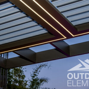 Close-up of pergola beams with integrated LED strip lighting at dusk