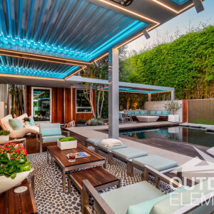 Poolside patio with teal-lit pergolas, lounge chairs, and coastal aquarium mural
