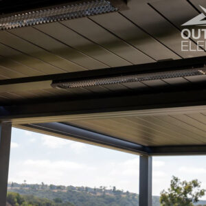 Close-up of infrared patio heaters mounted under louvered pergola ceiling