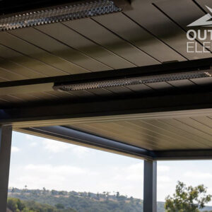 Twin infrared heaters mounted under pergola roof with hillside view