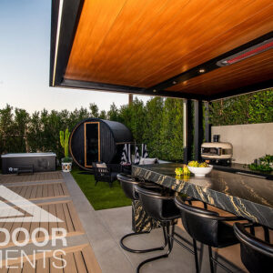 Rooftop pergola with wood ceiling over marble bar counter and sauna at sunset
